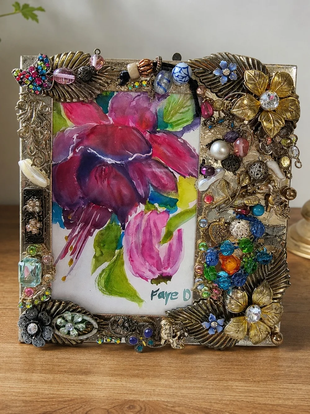 Artist Made Mixed Media Picture Frame Beaded Jewelry Mosaic Floral Art Frame